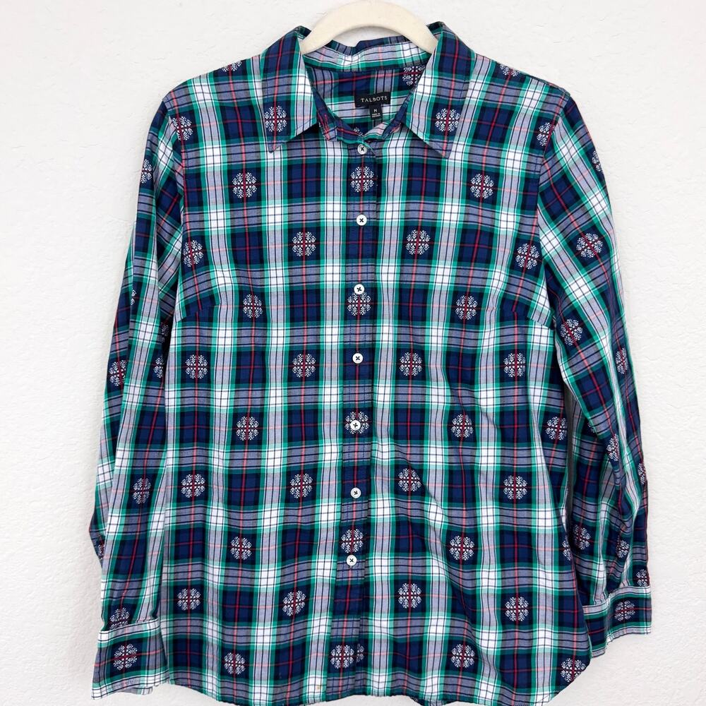 Talbots Womens Button Shirt Top Sz M Holiday Plaid Snowflake Embroidered Festive